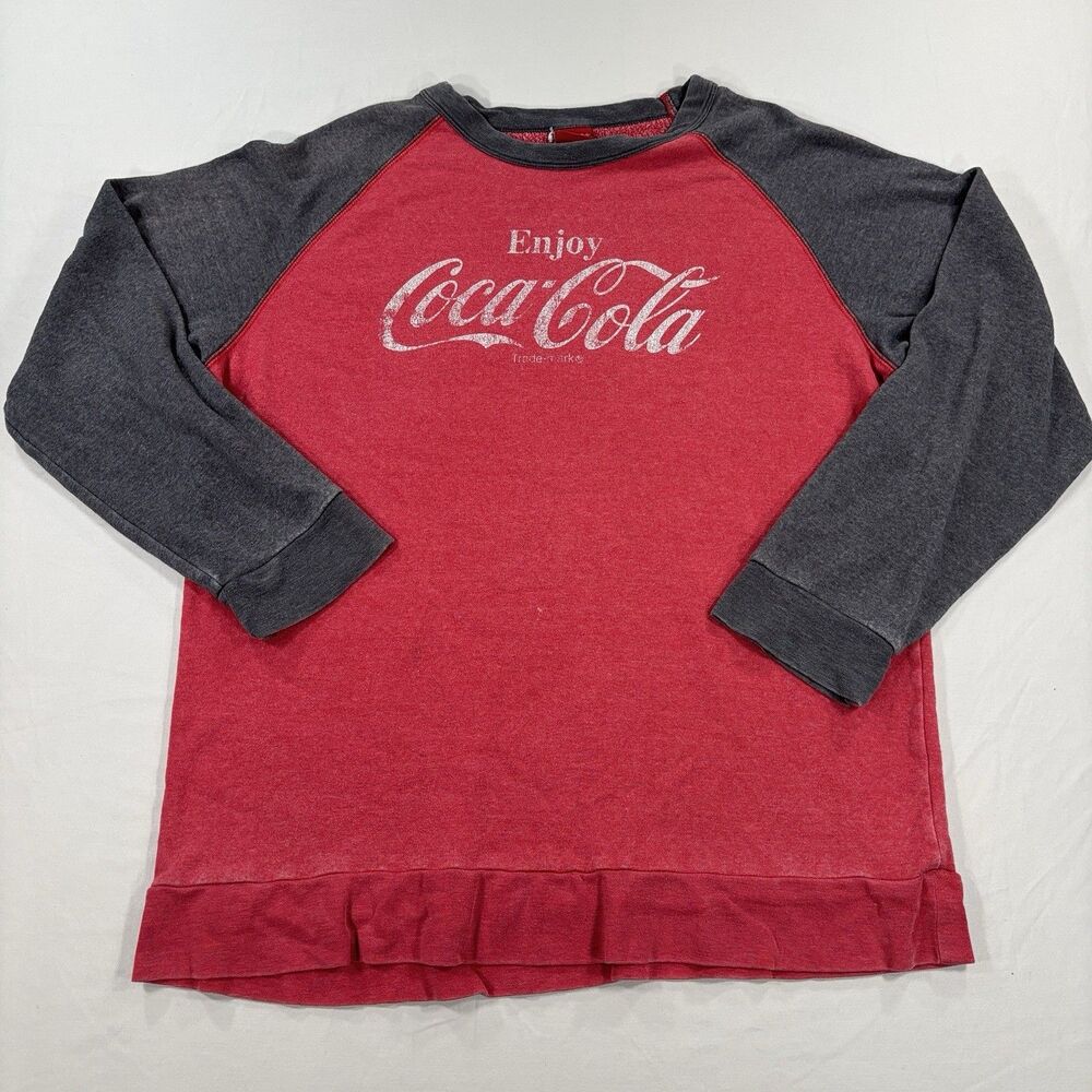 Coca-Cola Enjoy Coke Raglan Graphic T-Shirt Gray Red Long Sleeve Retro